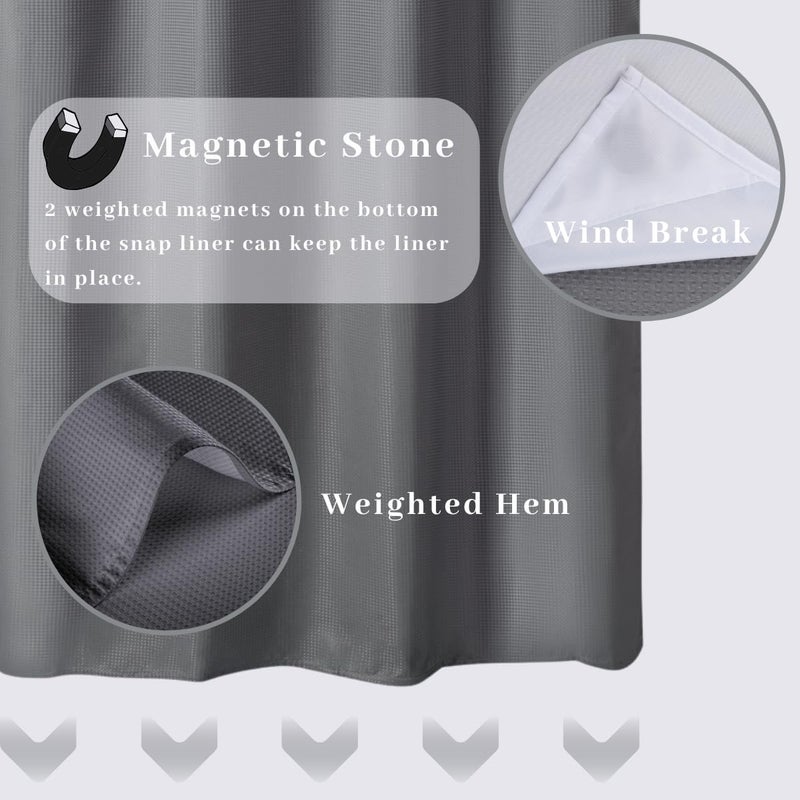 Ecoehoe Extra Long 71x79 Gray Waffle Fabric Hook Free Shower Curtain with Removable Polyester Linerâ€“Heavy Weight - Image 5